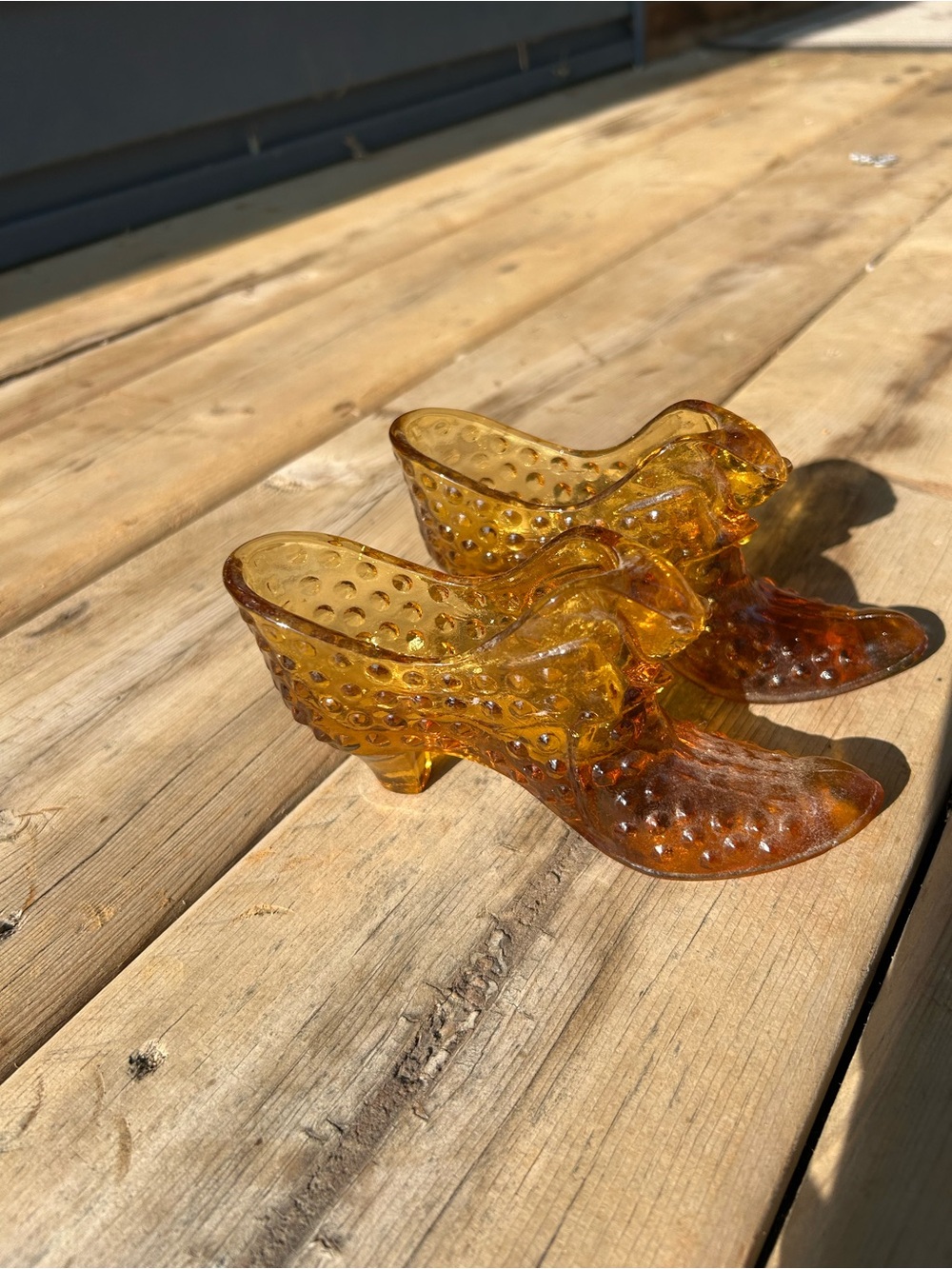 Fenton Amber Hobnail Glass Shoe Figurines - Pair